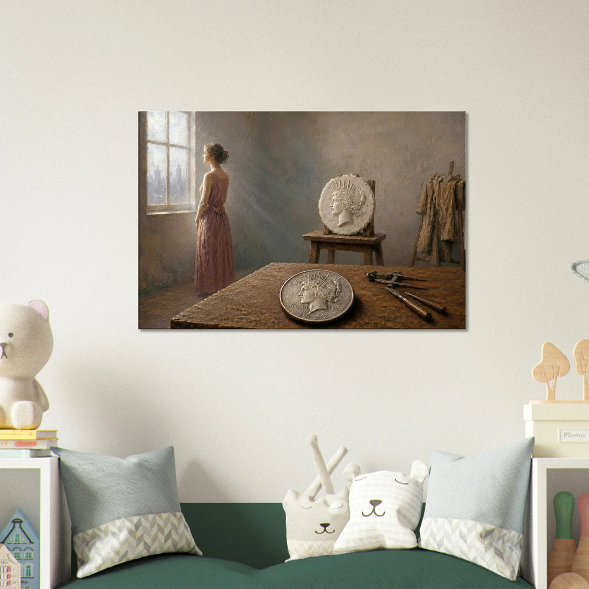 Peace Dollar Stories coin-inspired wall art featuring Anthony de Francisci Liberty, classic U.S. silver dollar history, and 1921 to 1935 Peace Dollar themes by The Mint Mark