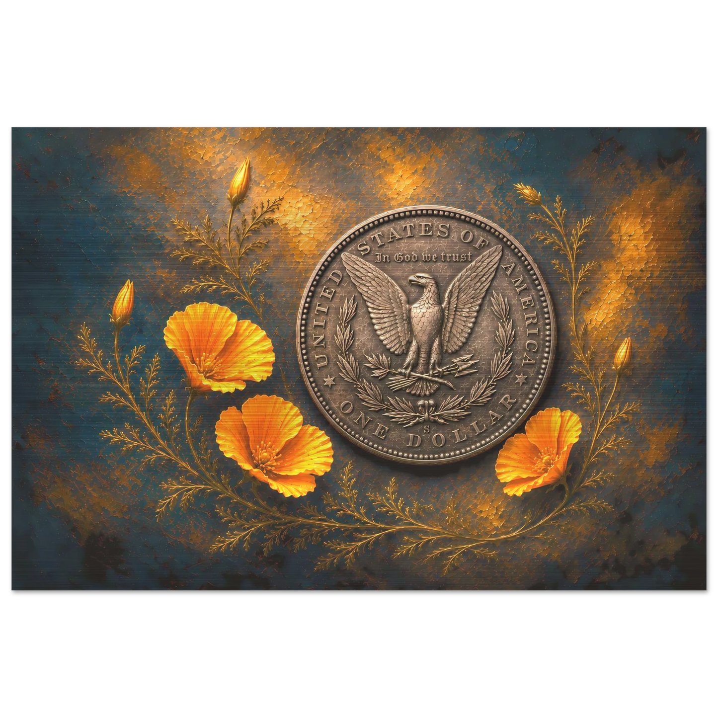 S-Mint Morgan Dollar with California poppies brushed aluminum print by The MintMark
