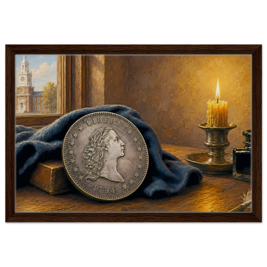The First Dollar 1794 Flowing Hair Silver Dollar framed canvas print by The MintMark